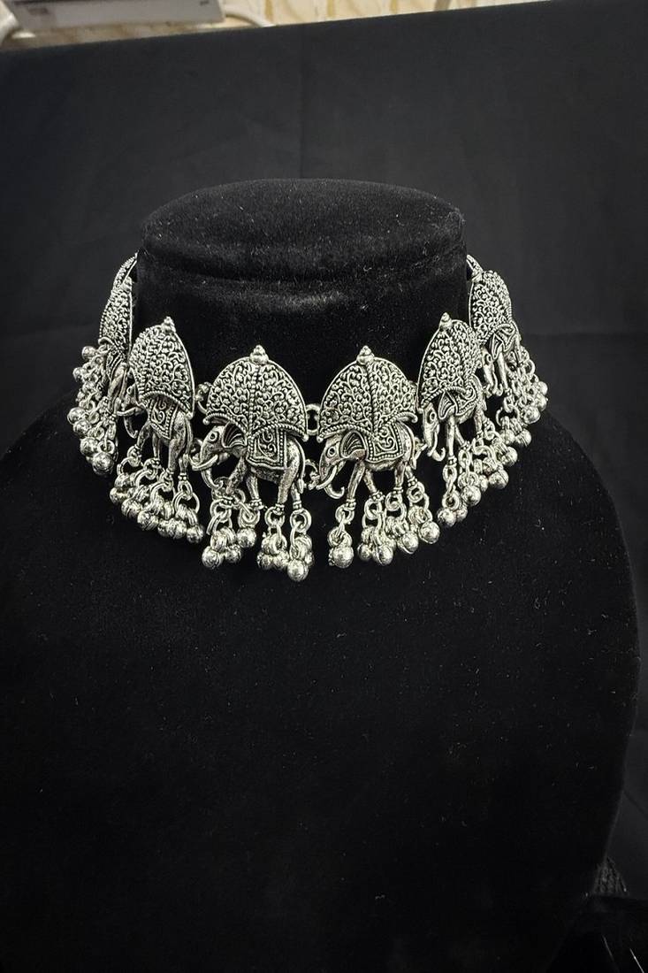 Oxidised Silver Elephant Choker Necklace Set with Earrings for Women, Traditional Tribal Navratri Garba Jewellery