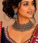 Oxidised Silver Elephant Choker Necklace Set with Earrings for Women, Traditional Tribal Navratri Garba Jewellery