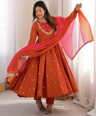 Trendy  roman  silk embroidery sequence  and mirror work rust readymade ethnic gown 2