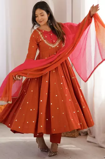 Trendy  roman  silk embroidery sequence  and mirror work rust readymade ethnic gown