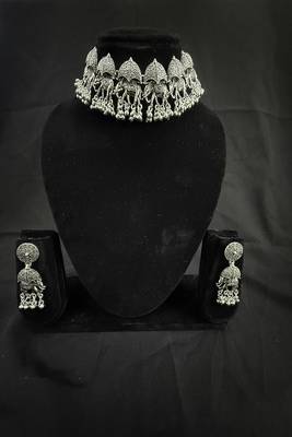 Oxidised Silver Elephant Choker Necklace Set with Earrings for Women, Traditional Tribal Navratri Garba Jewellery 3