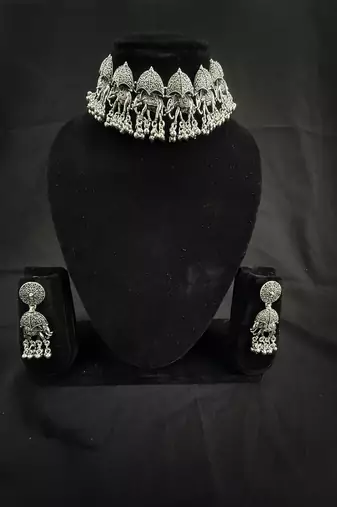 Oxidised Silver Elephant Choker Necklace Set with Earrings for Women, Traditional Tribal Navratri Garba Jewellery