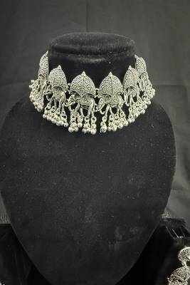 Oxidised Silver Elephant Choker Necklace Set with Earrings for Women, Traditional Tribal Navratri Garba Jewellery 5