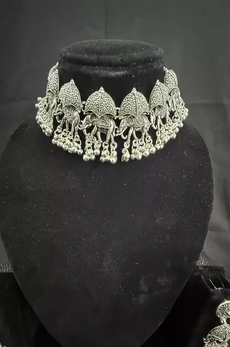 Oxidised Silver Elephant Choker Necklace Set with Earrings for Women, Traditional Tribal Navratri Garba Jewellery