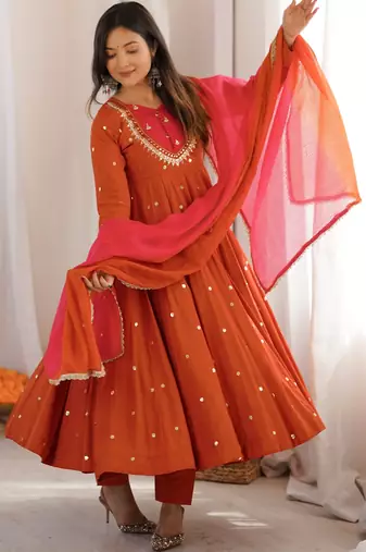 Trendy  roman  silk embroidery sequence  and mirror work rust readymade ethnic gown