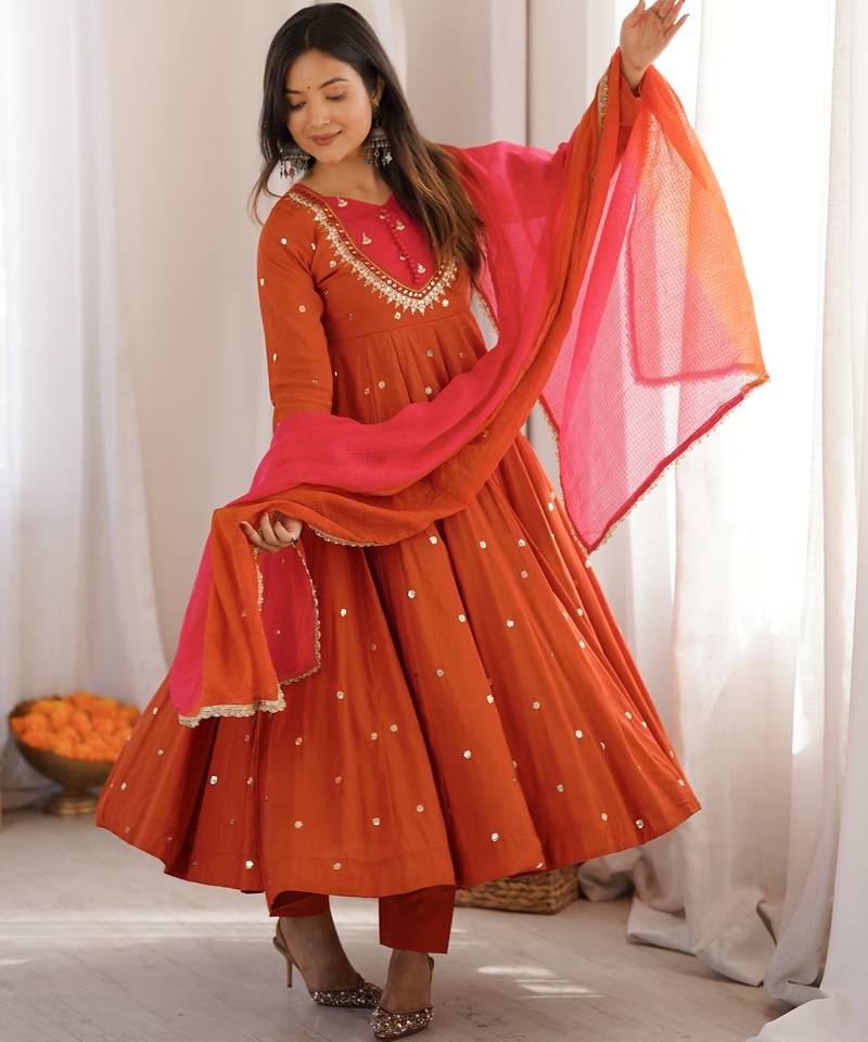Trendy  roman  silk embroidery sequence  and mirror work rust readymade ethnic gown
