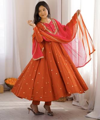 Trendy  roman  silk embroidery sequence  and mirror work rust readymade ethnic gown 4
