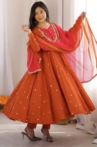 Trendy  roman  silk embroidery sequence  and mirror work rust readymade ethnic gown