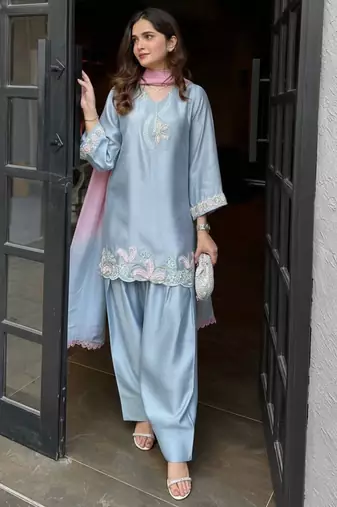 Sky blue satin heavy thread embroidery work kurta patiala set