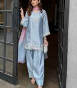 Sky blue satin heavy thread embroidery work kurta patiala set