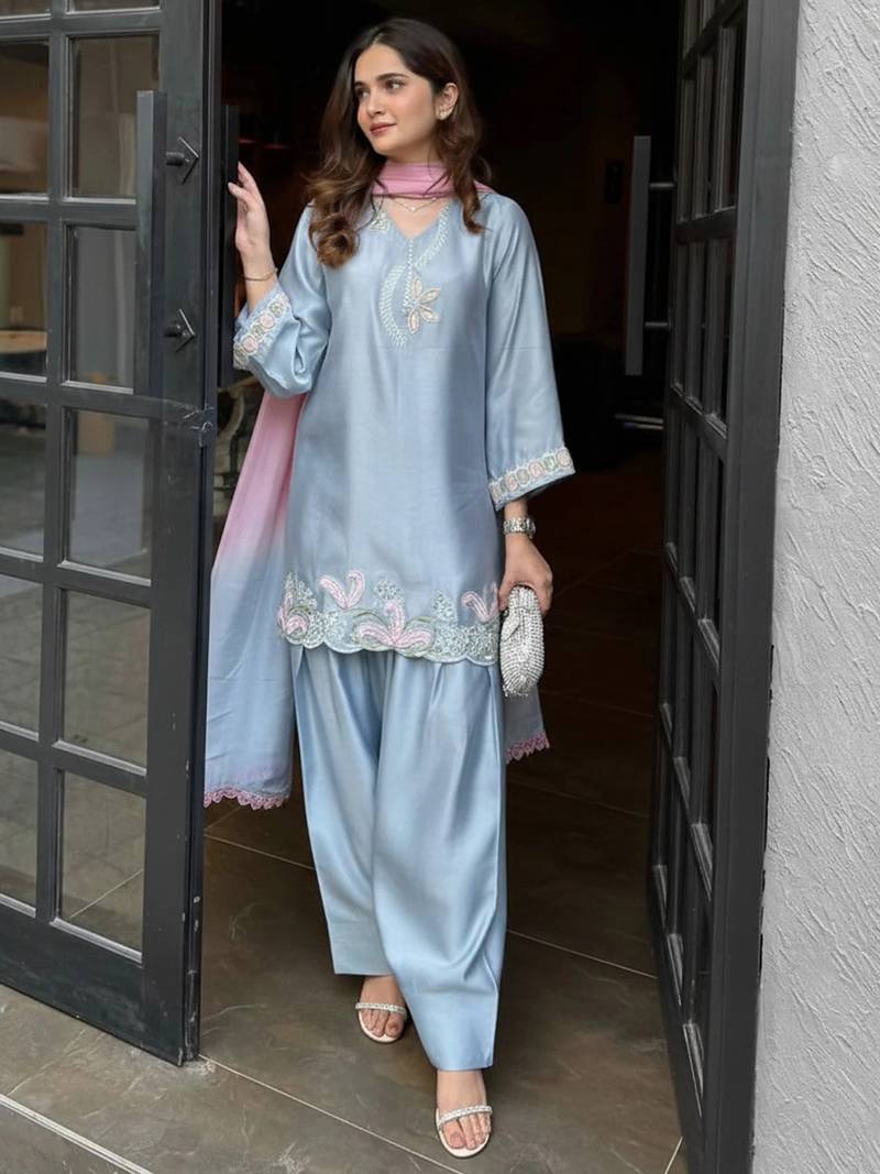 Sky blue satin heavy thread embroidery work kurta patiala set