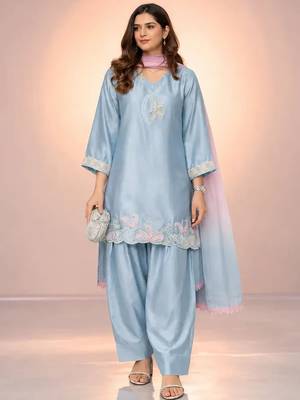 Sky blue satin heavy thread embroidery work kurta patiala set 2