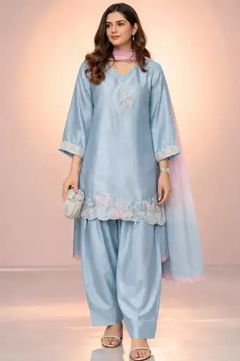 Sky blue satin heavy thread embroidery work kurta patiala set