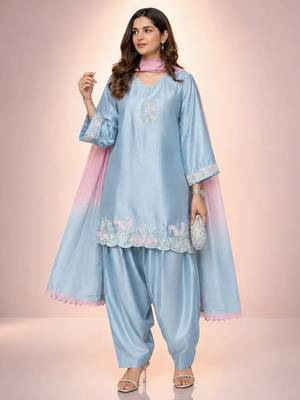 Sky blue satin heavy thread embroidery work kurta patiala set 3