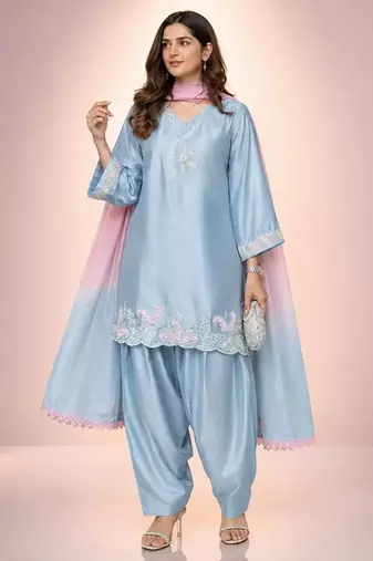 Sky blue satin heavy thread embroidery work kurta patiala set