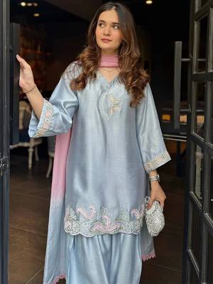 Sky blue satin heavy thread embroidery work kurta patiala set 4