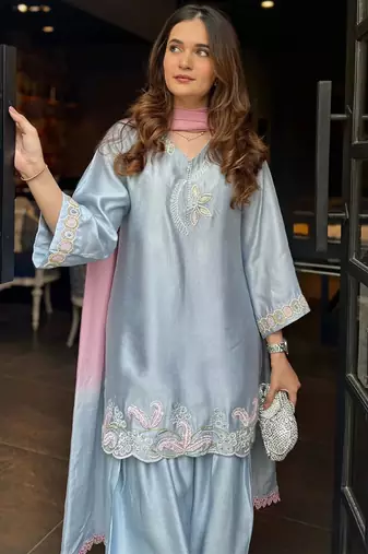 Sky blue satin heavy thread embroidery work kurta patiala set