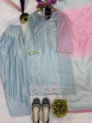 Sky blue satin heavy thread embroidery work kurta patiala set 5