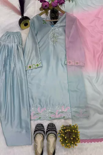 Sky blue satin heavy thread embroidery work kurta patiala set