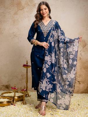 Blue roman heavy thread embroidery work kurta pant set 1