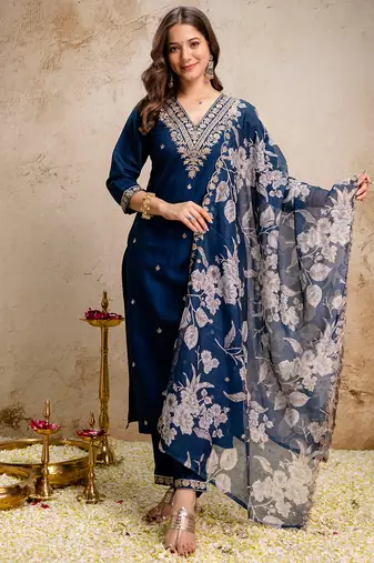 Blue roman heavy thread embroidery work kurta pant set