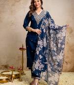 Blue roman heavy thread embroidery work kurta pant set
