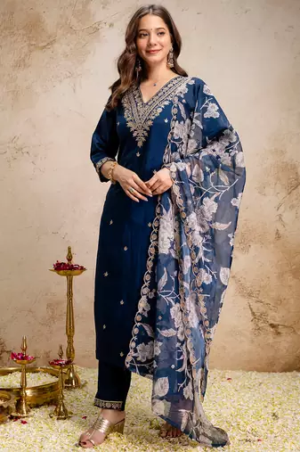 Blue roman heavy thread embroidery work kurta pant set