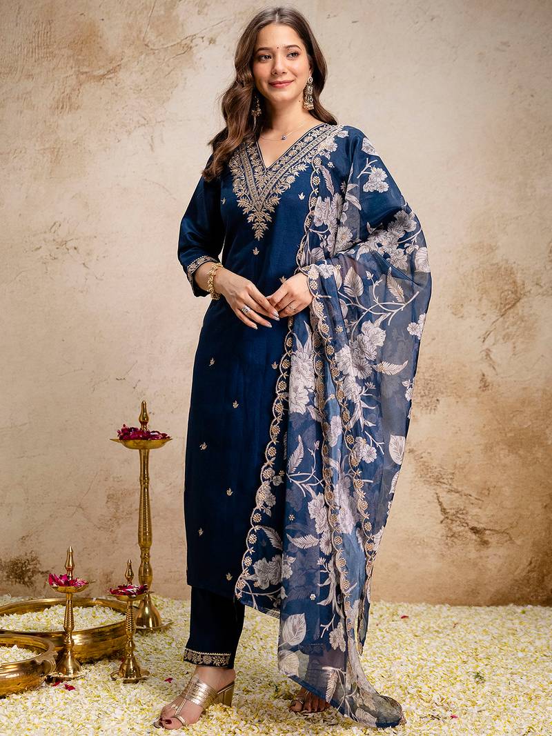 Blue roman heavy thread embroidery work kurta pant set