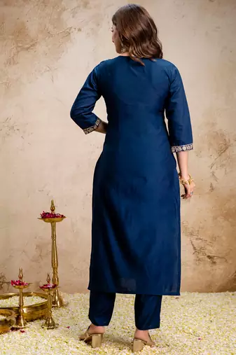 Blue roman heavy thread embroidery work kurta pant set