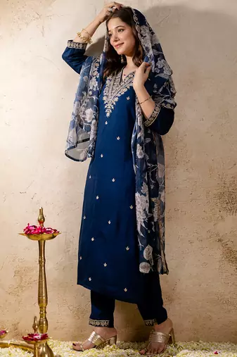 Blue roman heavy thread embroidery work kurta pant set