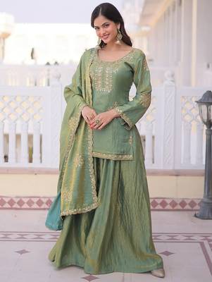 Pista green fandy heavy thread embroidery work kurta palazzo set 1