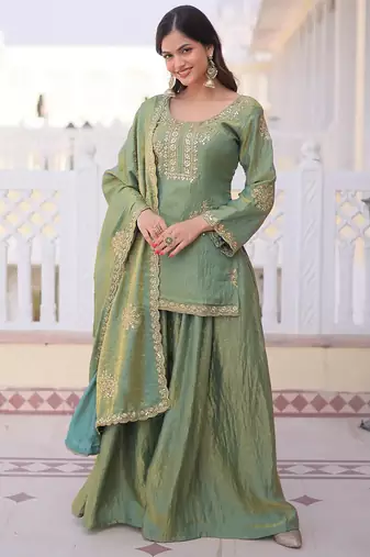 Pista green fandy heavy thread embroidery work kurta palazzo set