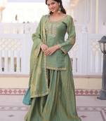 Pista green fandy heavy thread embroidery work kurta palazzo set