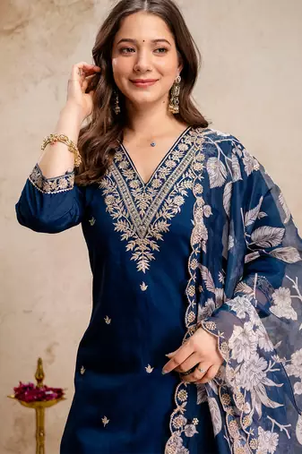 Blue roman heavy thread embroidery work kurta pant set