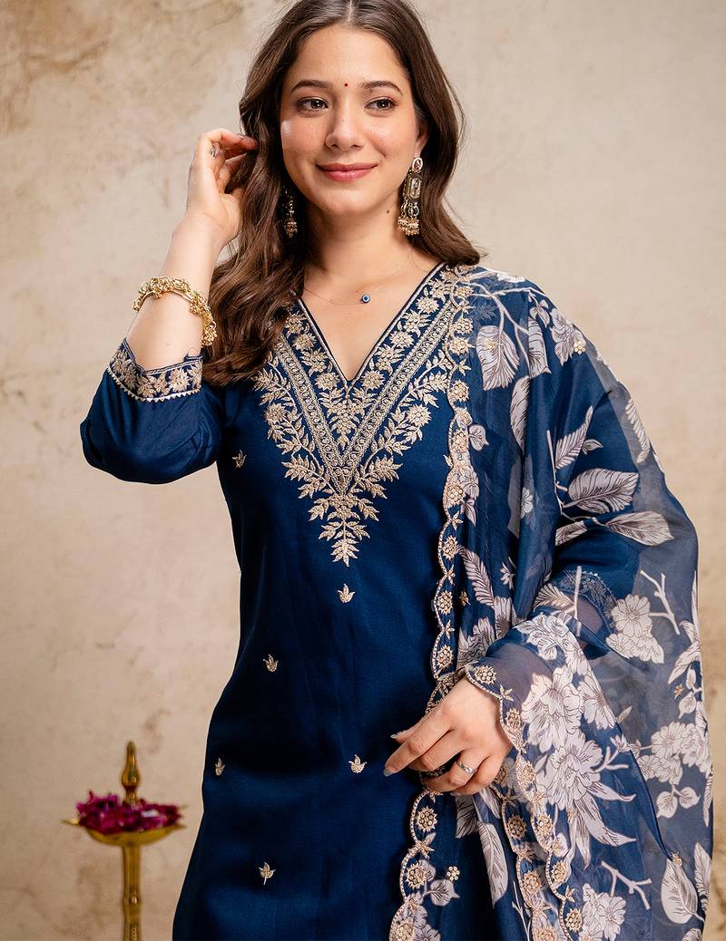 Blue roman heavy thread embroidery work kurta pant set