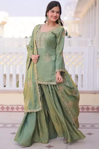 Pista green fandy heavy thread embroidery work kurta palazzo set