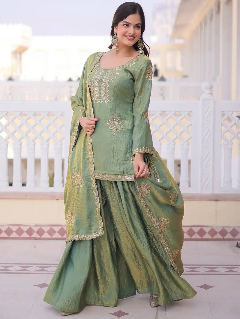 Pista green fandy heavy thread embroidery work kurta palazzo set
