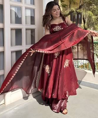 Maroon frandy silk heavy thread embroidery work kurta palazzo set 1