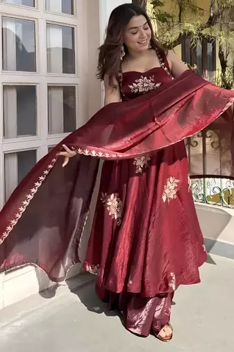 Maroon frandy silk heavy thread embroidery work kurta palazzo set