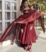 Maroon frandy silk heavy thread embroidery work kurta palazzo set