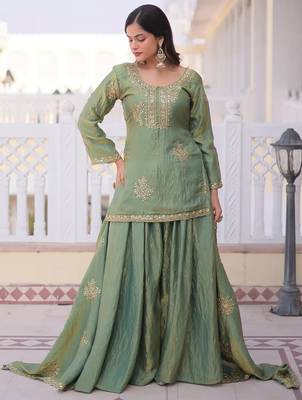 Pista green fandy heavy thread embroidery work kurta palazzo set 3