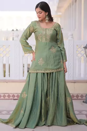 Pista green fandy heavy thread embroidery work kurta palazzo set