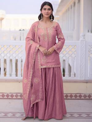 Pink fandy heavy thread embroidery work kurta palazzo set 1