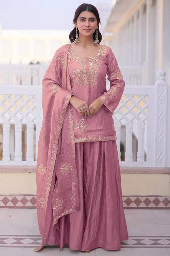 Pink fandy heavy thread embroidery work kurta palazzo set
