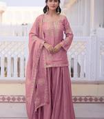 Pink fandy heavy thread embroidery work kurta palazzo set