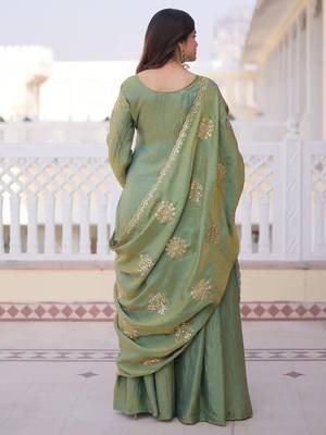 Pista green fandy heavy thread embroidery work kurta palazzo set 4