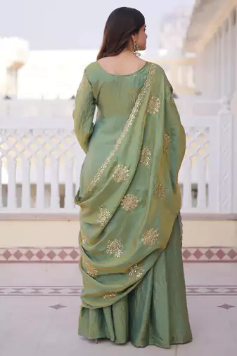 Pista green fandy heavy thread embroidery work kurta palazzo set