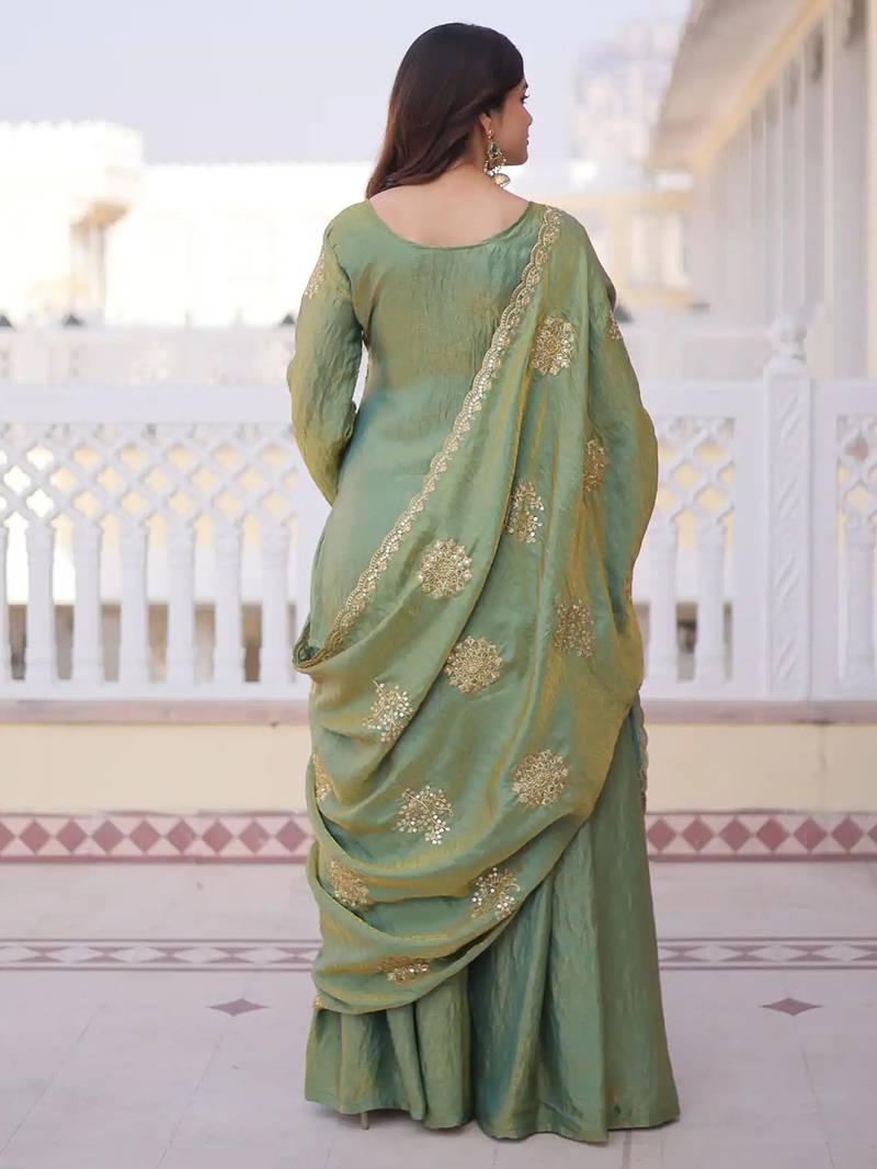 Pista green fandy heavy thread embroidery work kurta palazzo set