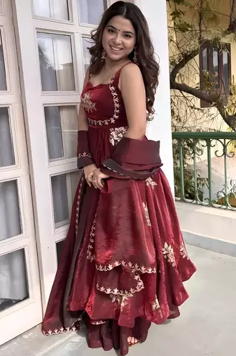 Maroon frandy silk heavy thread embroidery work kurta palazzo set
