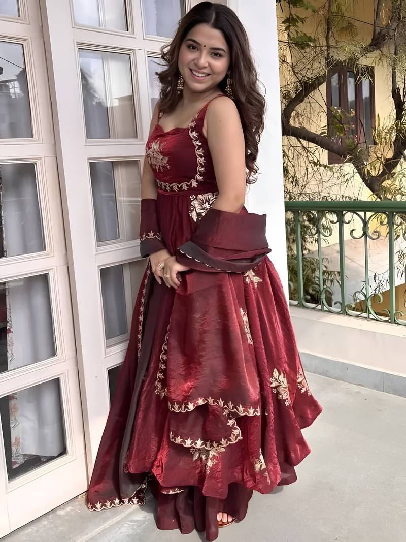 Maroon frandy silk heavy thread embroidery work kurta palazzo set